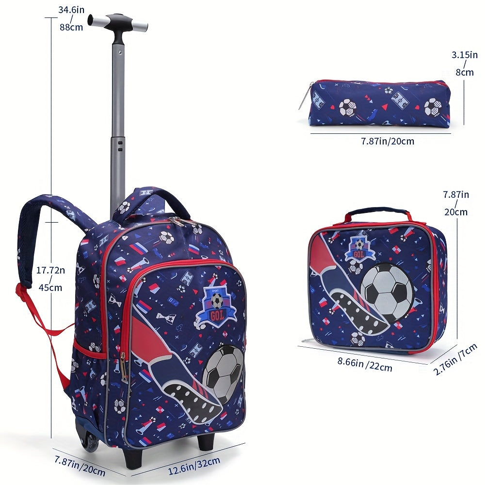 3pcs Rolling Backpack For Boys And Girls, Wheeled School Book Bag With Lunch And Pen Bag, Blue Soccer Design