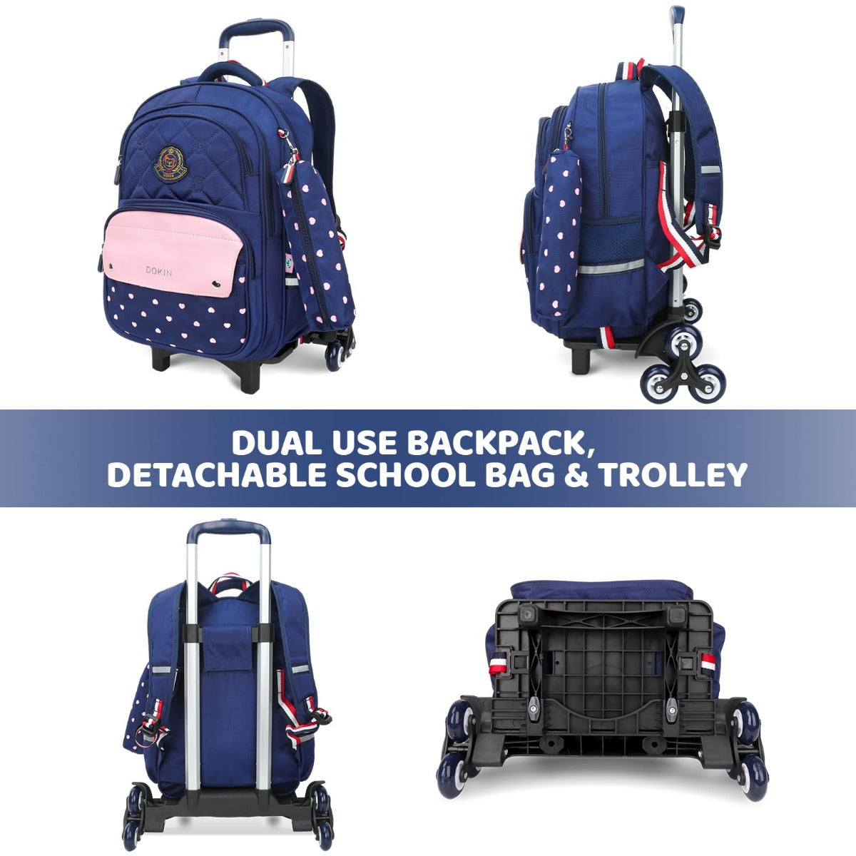 Trolley Backpack With 6 Wheels, Waterproof School Bag For Primary School Boys And Girls, Detachable Wheeled Travel Carry-on Luggage Bag