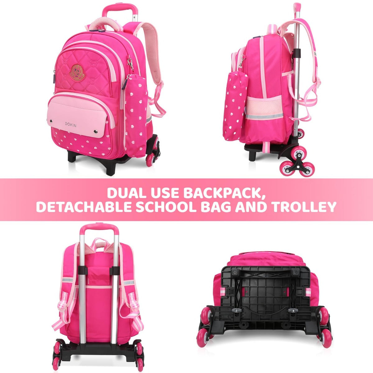 Trolley Backpack With 6 Wheels, Waterproof School Bag For Primary School Boys And Girls, Detachable Wheeled Travel Carry-on Luggage Bag