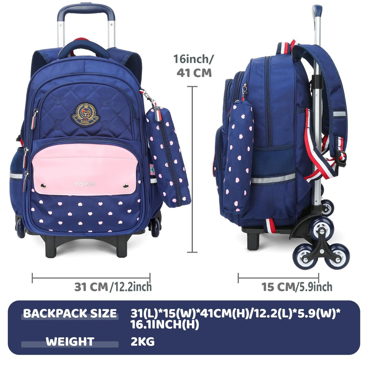 Trolley Backpack With 6 Wheels, Waterproof School Bag For Primary School Boys And Girls, Detachable Wheeled Travel Carry-on Luggage Bag