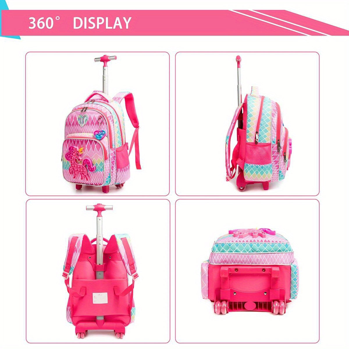 Stylish Popular Colorful Rhombus Print Trolley 3Pcs Backpack With Clutch Bag And Pouch, Simple Style Trolley Knapsack With Sliding Wheel, Zipper Closure, Durable Trolley Backpack For Travel And School