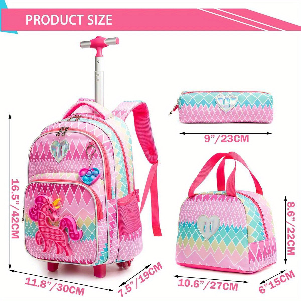 Stylish Popular Colorful Rhombus Print Trolley 3Pcs Backpack With Clutch Bag And Pouch, Simple Style Trolley Knapsack With Sliding Wheel, Zipper Closure, Durable Trolley Backpack For Travel And School