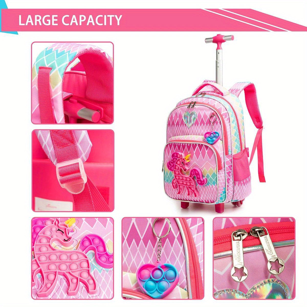 Stylish Popular Colorful Rhombus Print Trolley 3Pcs Backpack With Clutch Bag And Pouch, Simple Style Trolley Knapsack With Sliding Wheel, Zipper Closure, Durable Trolley Backpack For Travel And School