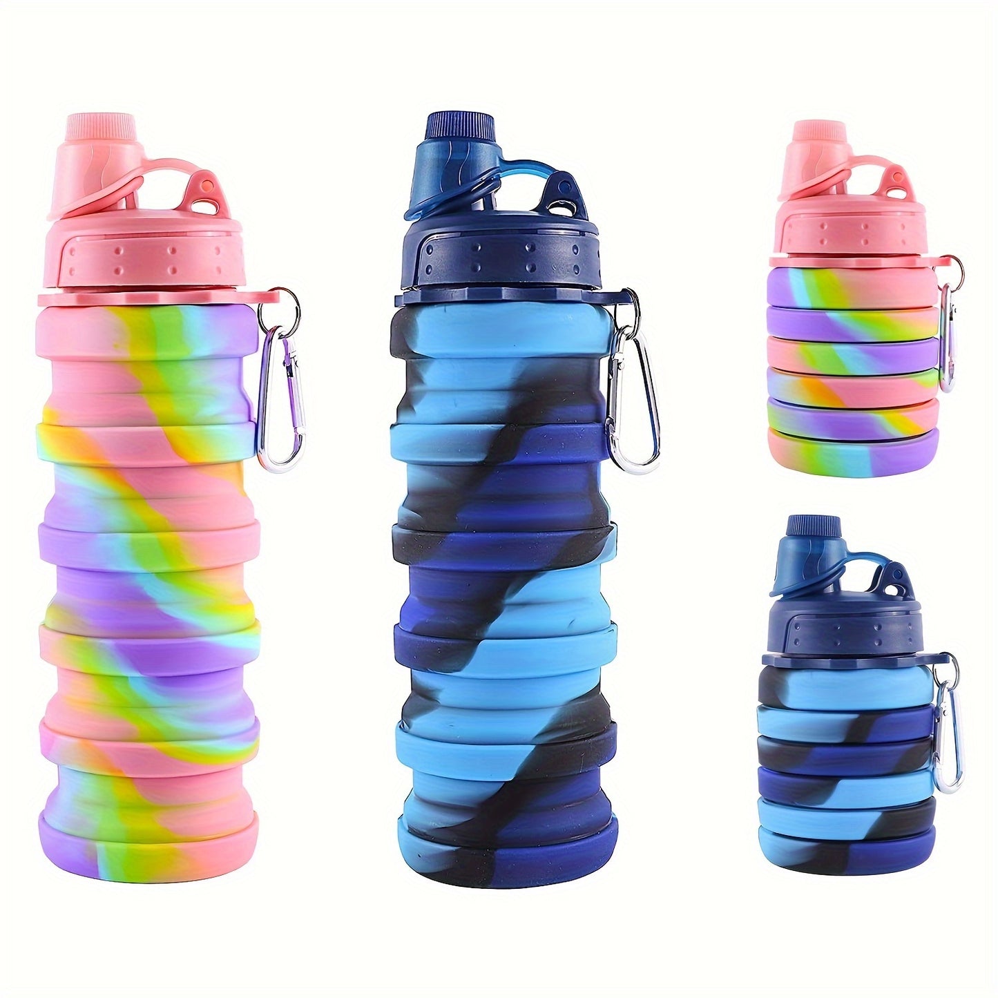 Collapsible Silicone Water Bottle for Sports, Hiking, Camping - Leakproof, BPA-Free, Reusable Rainbow Canteen, Portable 17oz - Applicable for Ages 14+