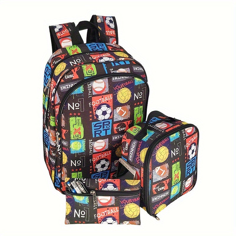 3pcs Football Backpack Set, Lunch Bag With Pencil Case, Lightweight School Bag, Suitable For Teenage Boys, Large Capacity, Suitable For Daily Use Or Travel