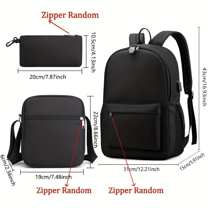 3pcs Luminous Lightweight Casual Travel & School Bags Set - Large Capacity Casual Backpack + Simple Crossbody Bag + Pen Case