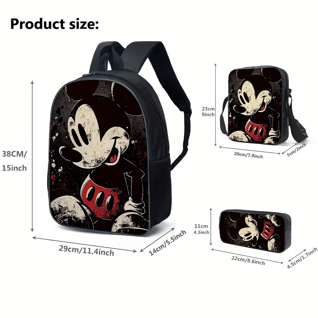 Disney 3pcs Set: Mickey, Minnie & Donald Duck Backpack With Lunch Bag And Pencil Case - Durable Nylon, Zip Closure, Polyester Lined - Perfect For School & Everyday Fashion