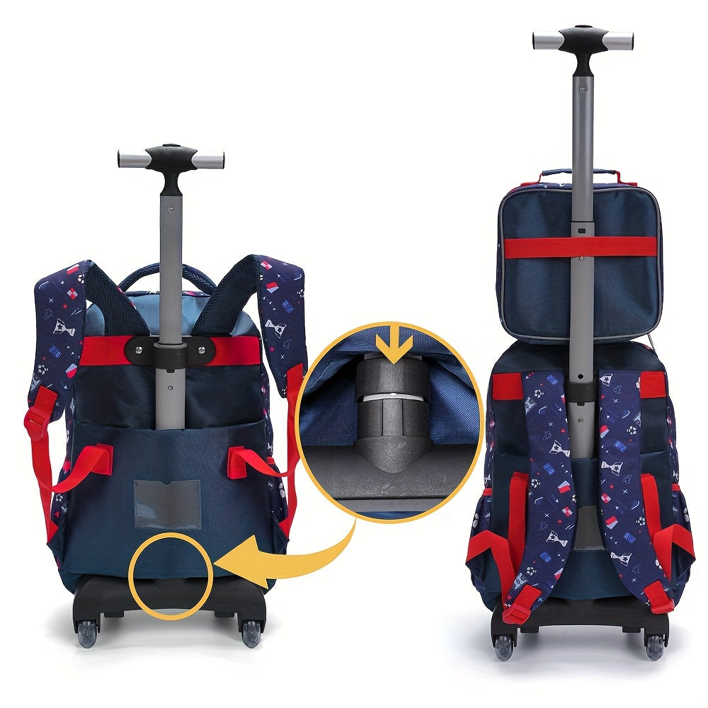 3pcs Rolling Backpack For Boys And Girls, Wheeled School Book Bag With Lunch And Pen Bag, Blue Soccer Design