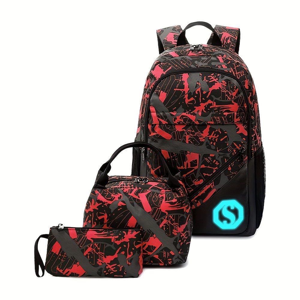 3pcs/set Glow In The Dark Backpack For Middle School Students, Boys Girls Student Backpack With Lunch Box And Pencil Case