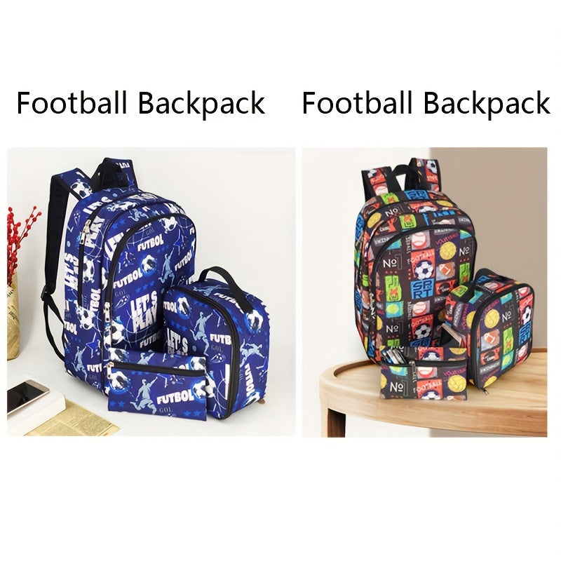 3pcs Football Backpack Set, Lunch Bag With Pencil Case, Lightweight School Bag, Suitable For Teenage Boys, Large Capacity, Suitable For Daily Use Or Travel