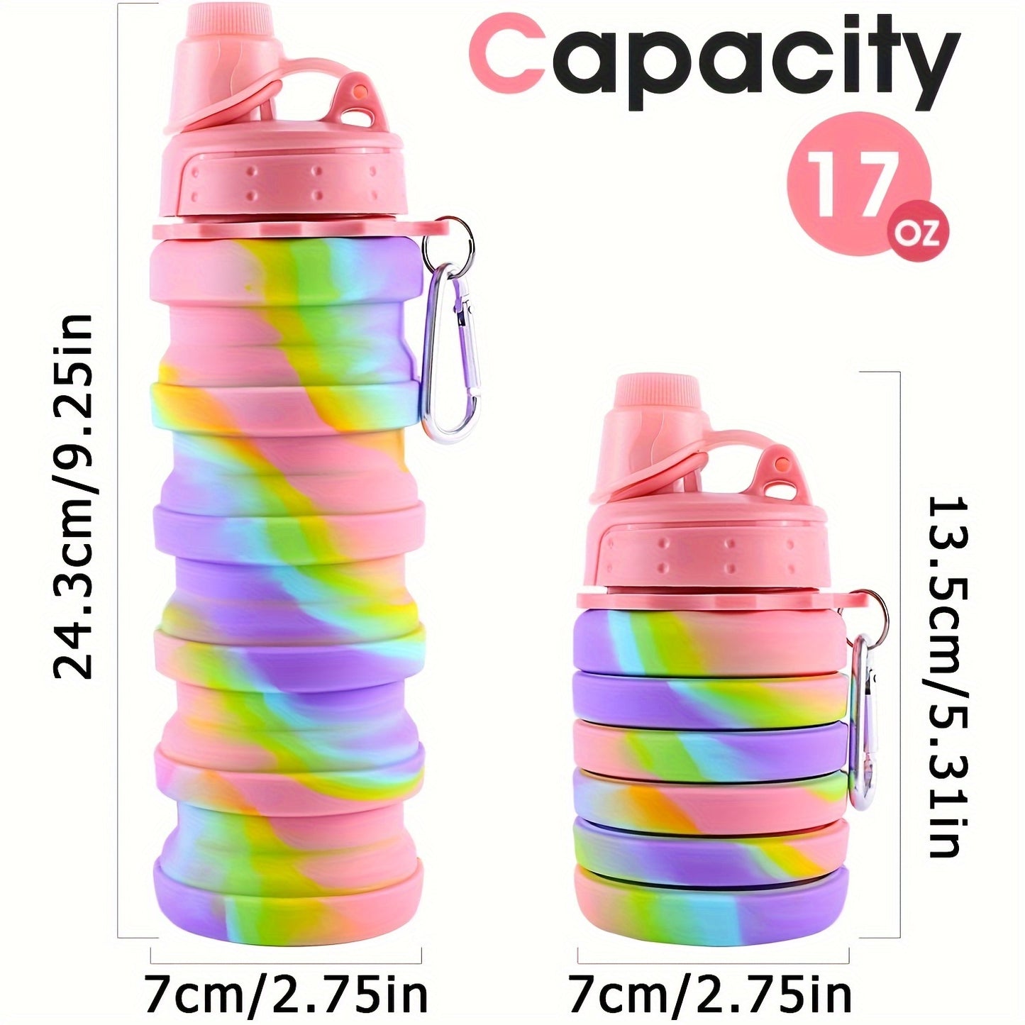 Collapsible Silicone Water Bottle for Sports, Hiking, Camping - Leakproof, BPA-Free, Reusable Rainbow Canteen, Portable 17oz - Applicable for Ages 14+