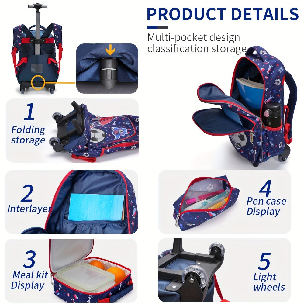 3pcs Rolling Backpack For Boys And Girls, Wheeled School Book Bag With Lunch And Pen Bag, Blue Soccer Design