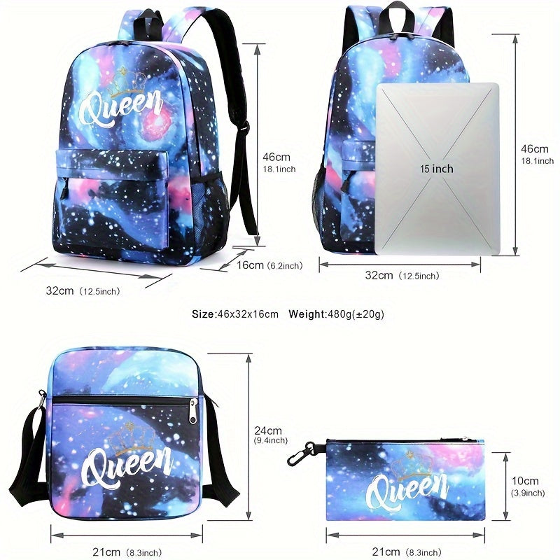 3pcs/set King And Queen Print Business & School Bags Set - Large Capacity Casual Simple Travel Backpack With Crossbody Bag And Pen Case