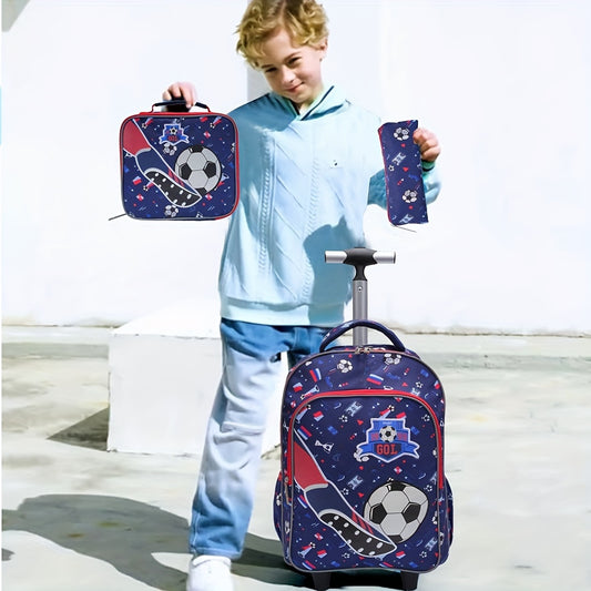 3pcs Rolling Backpack For Boys And Girls, Wheeled School Book Bag With Lunch And Pen Bag, Blue Soccer Design