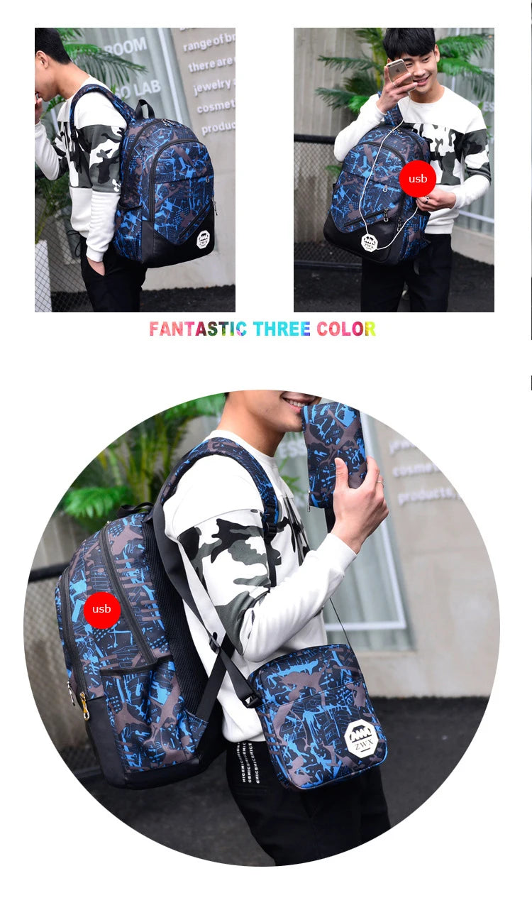 3pcs/set Male backpacks high school bags for women 2023 boys one shoulder big student travel bag men school backpack sac mochila