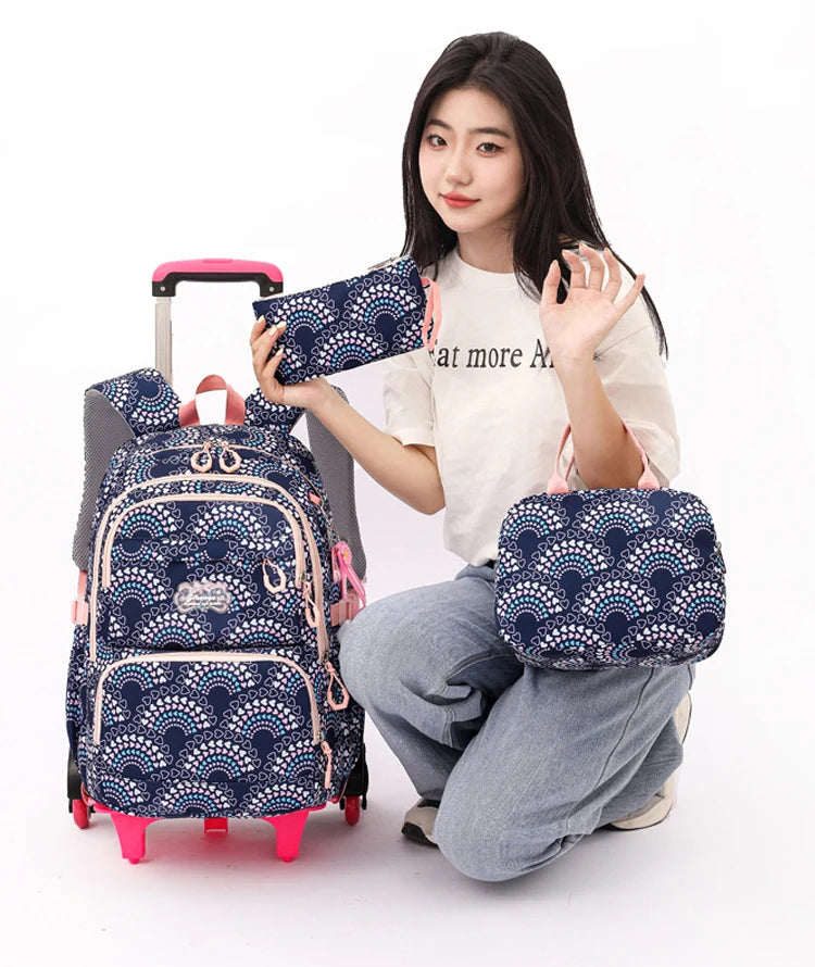 Rolling School Bags for Girls Backpack Children Waterproof School Backpacks with Wheels Middle School Trolley Luggage Back Pack