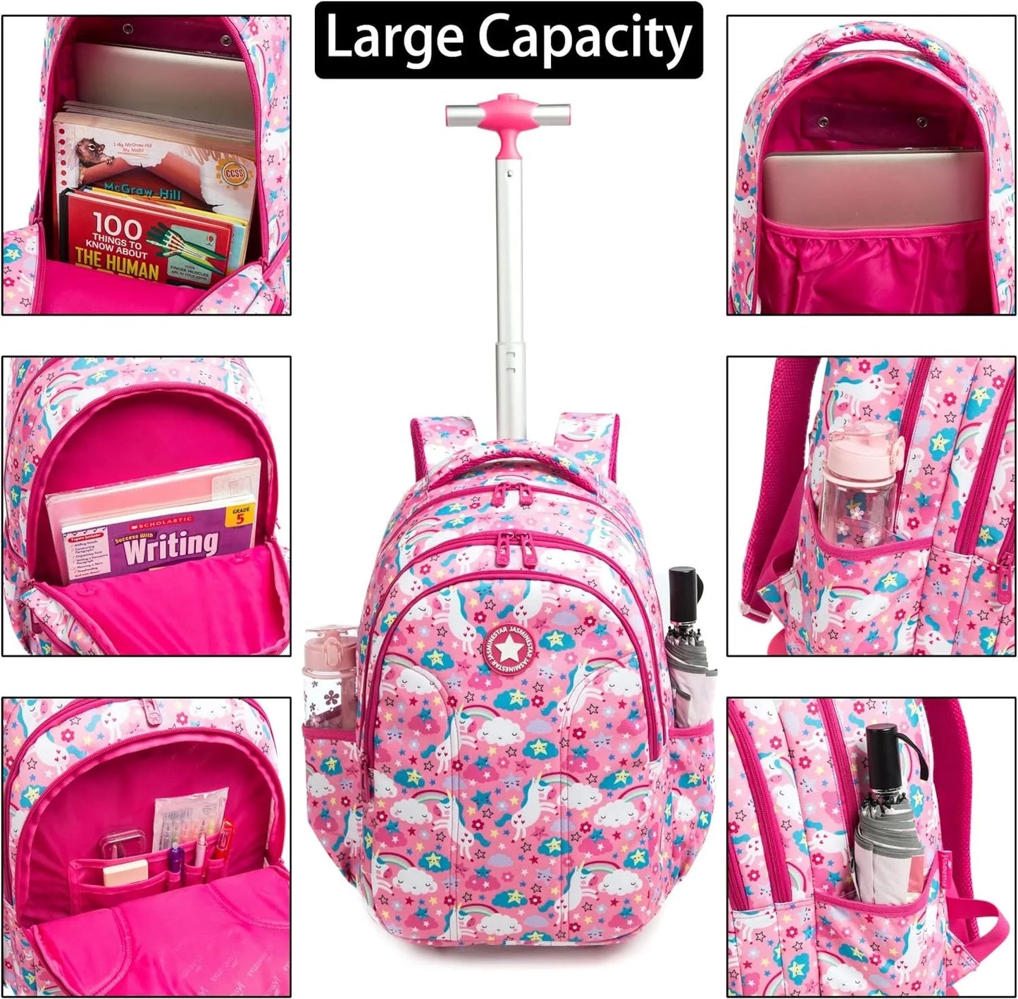 18 Inch School Bags Wheeled Backpack for Boys Girls Travel Rolling Backpack School Trolley Bag Set with Thermal Lunch Box