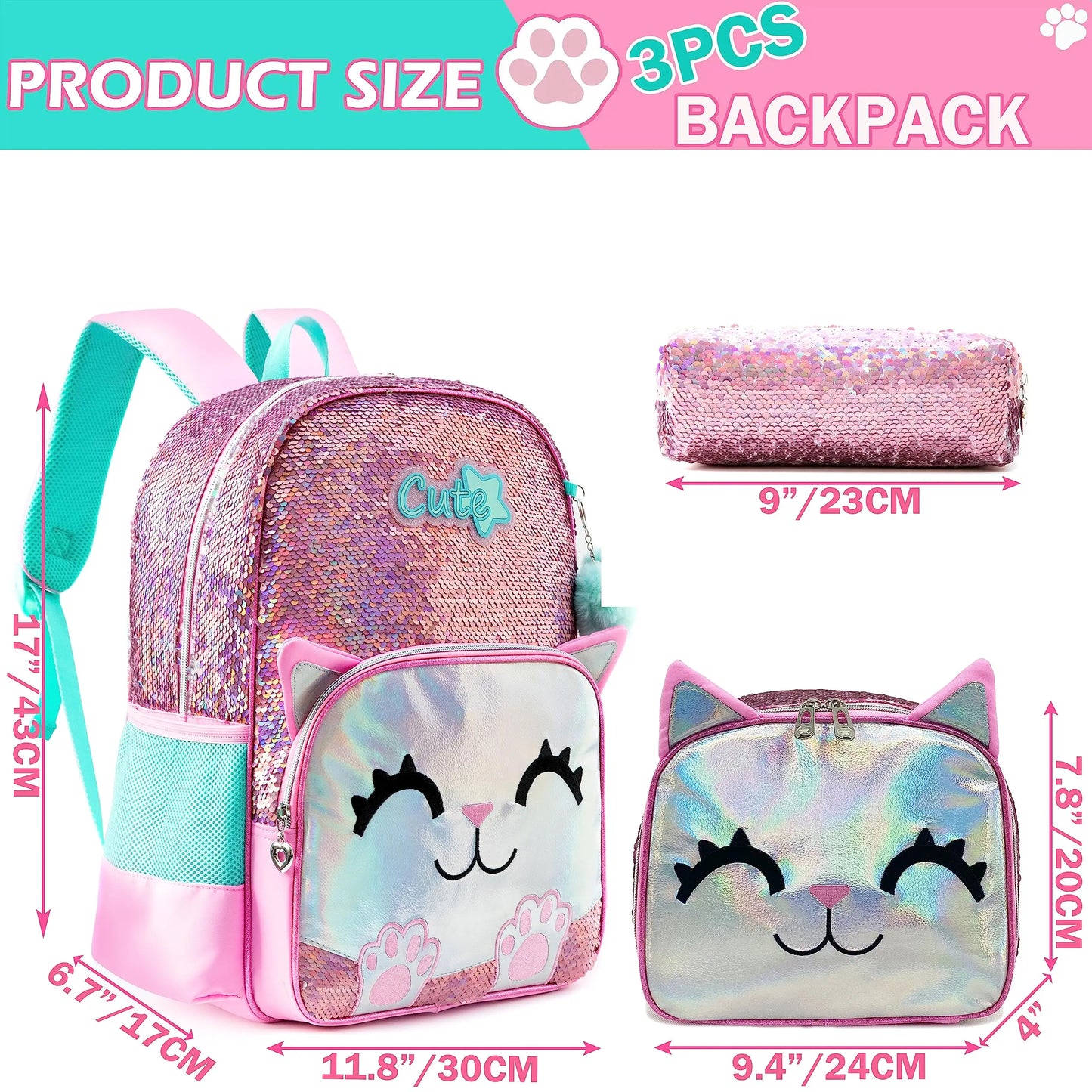 3PCS Cute Backpack for Girls Pink Cat School Backpacks Kids Sequin Bookbag for Elementary Kindergarten Students with Lunch bag ﻿