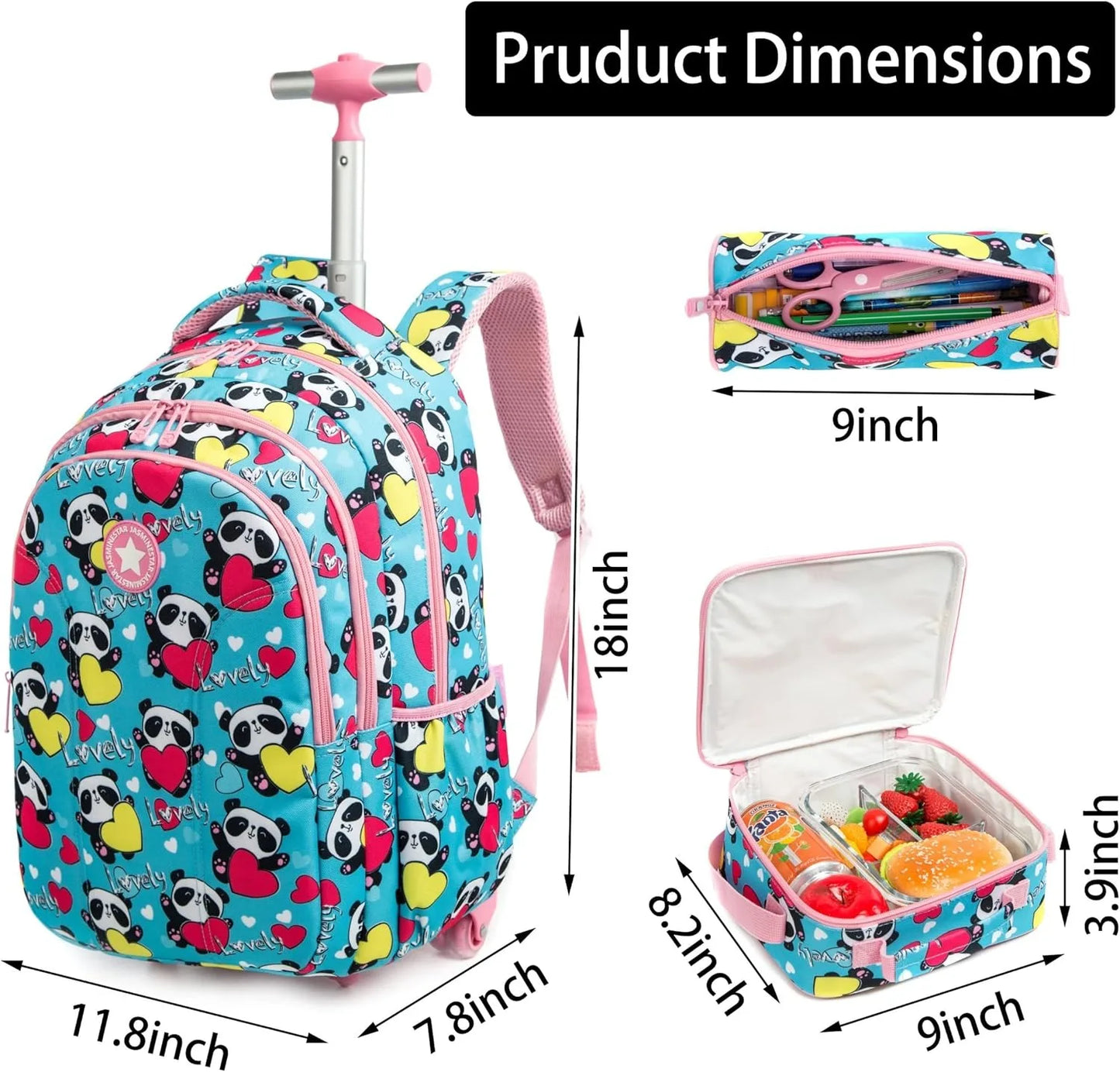 Girls School Backpack Child Wheeled Bag Set for Boys Roller Bag Rolling Luggage School Trolley Backpack with Lunch Bag Insulated