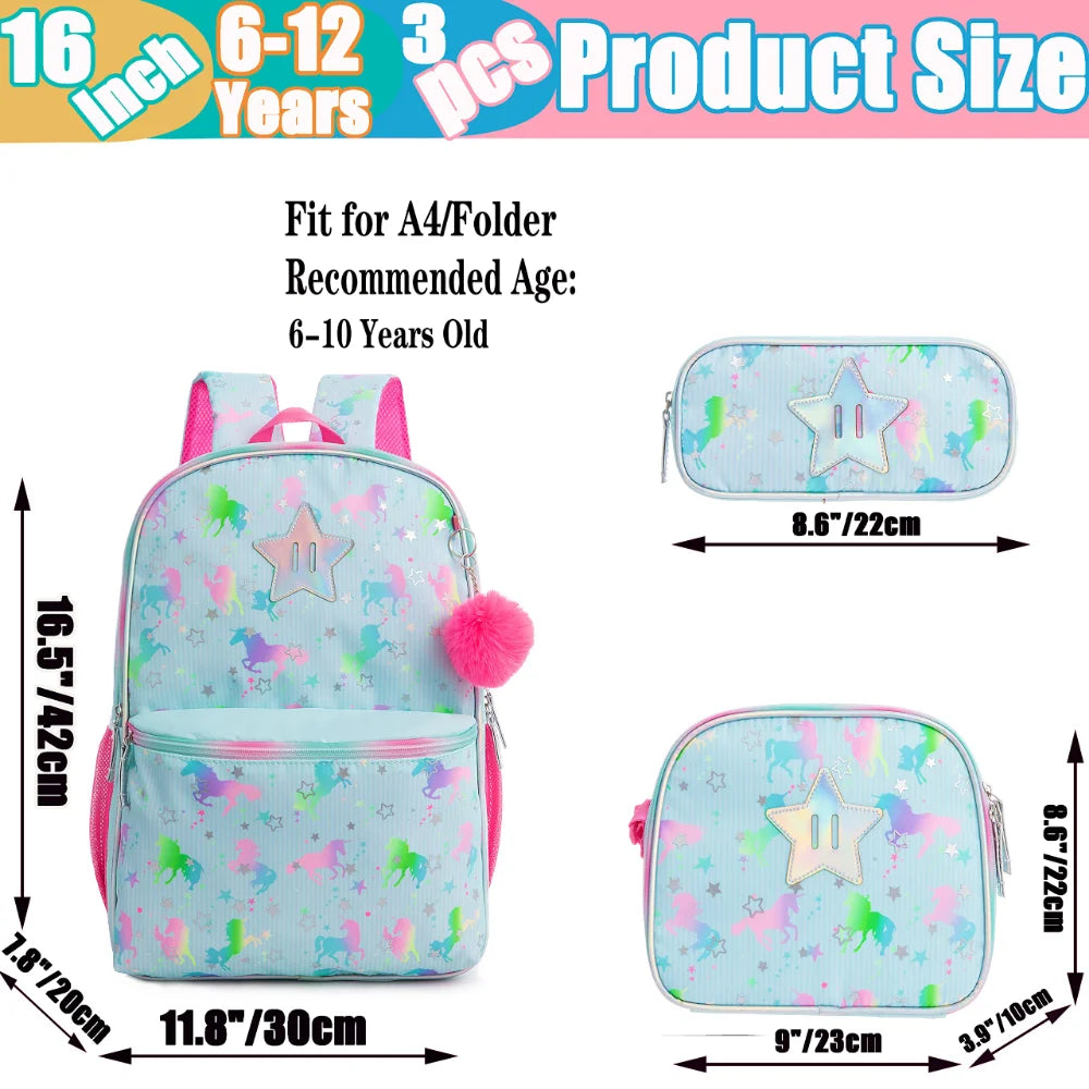 Bikab School Bags 3 In 1 Kids Bag Children School Bags for Girl 16" Bag for Girls Set Bag Water Proof  Kids Bags for Girls