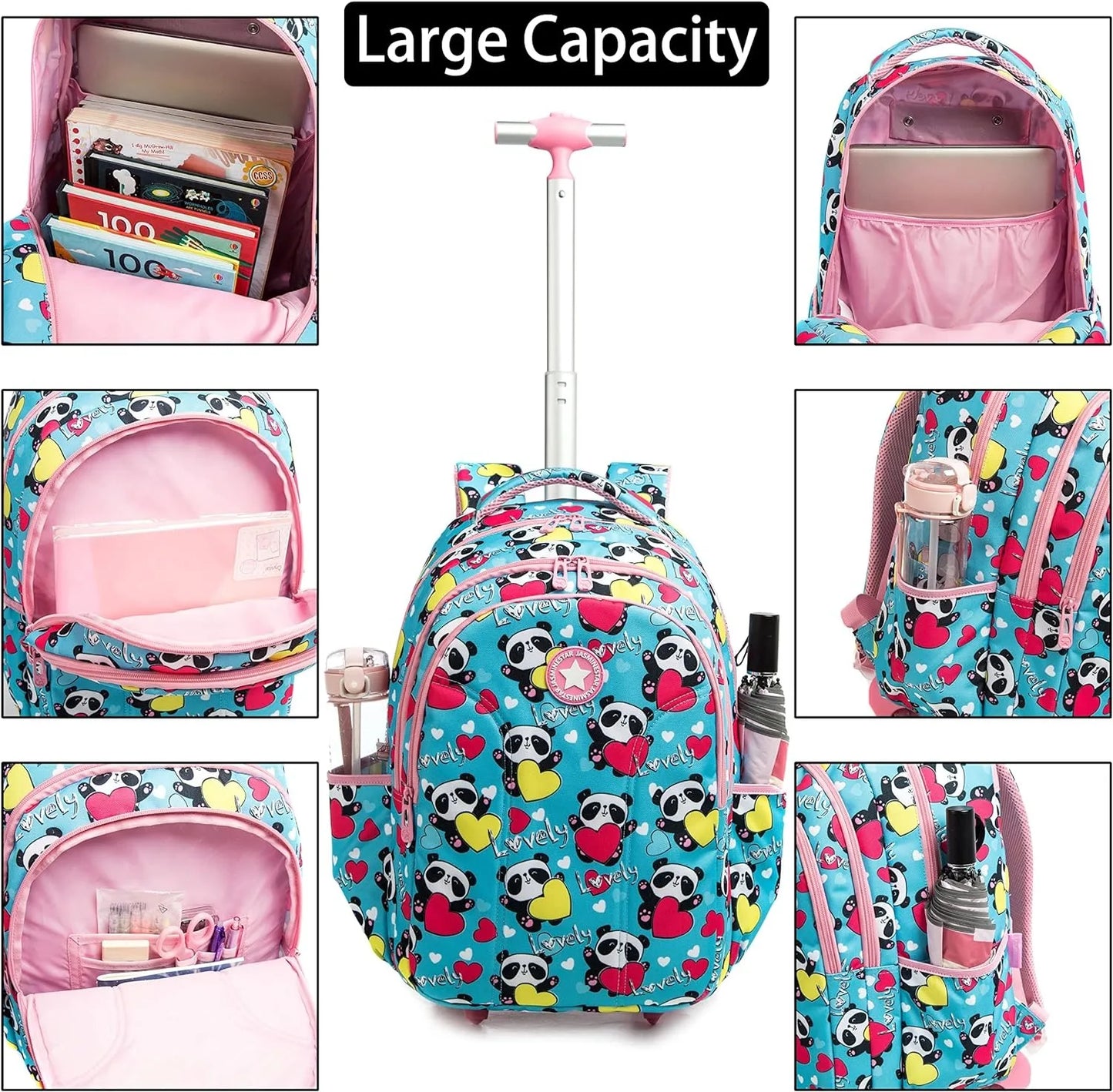 18 Inch School Bags Wheeled Backpack for Boys Girls Travel Rolling Backpack School Trolley Bag Set with Thermal Lunch Box