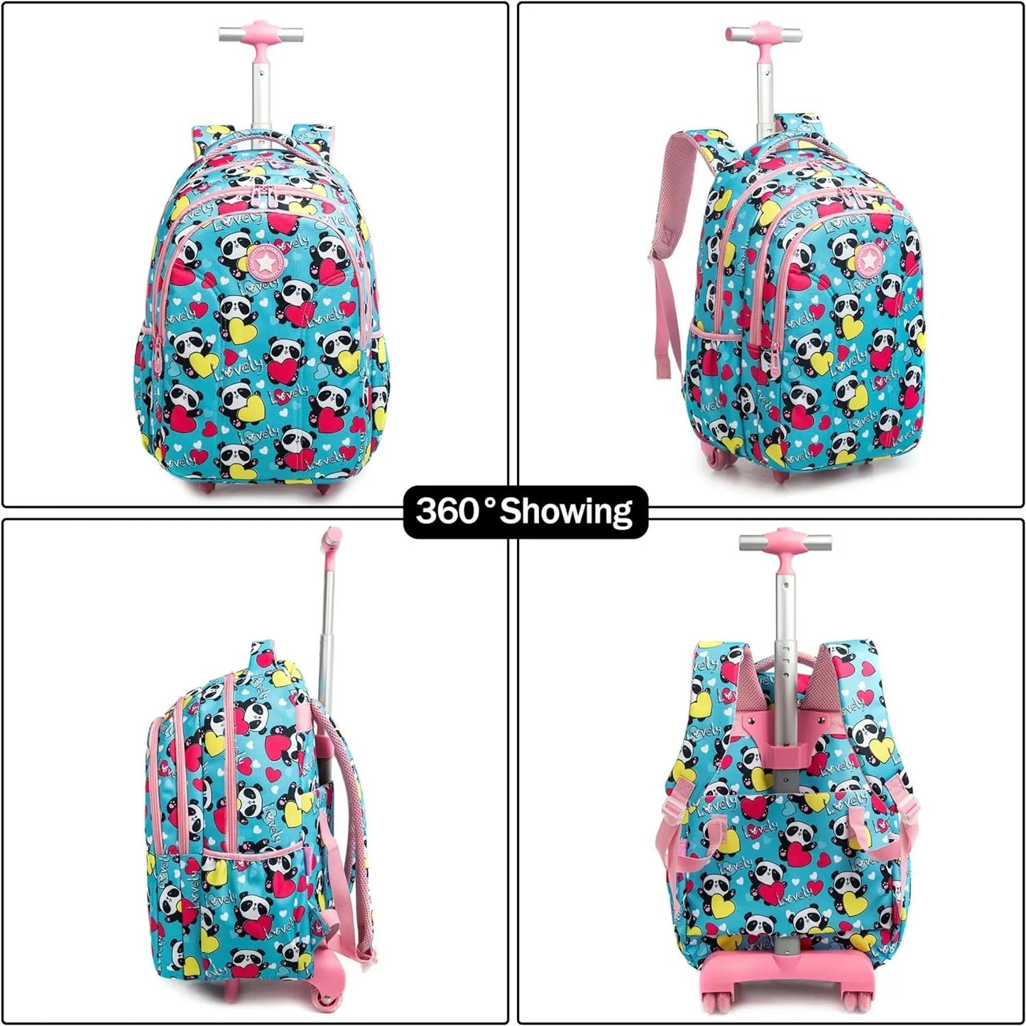 Girls School Backpack Child Wheeled Bag Set for Boys Roller Bag Rolling Luggage School Trolley Backpack with Lunch Bag Insulated