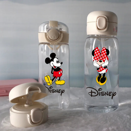 400ML/600ML Disney Stitch Mickey Minnie Plastic Cup with Straw Portable Travel Outdoor Fitness Sports Water Bottle Coffee Cu