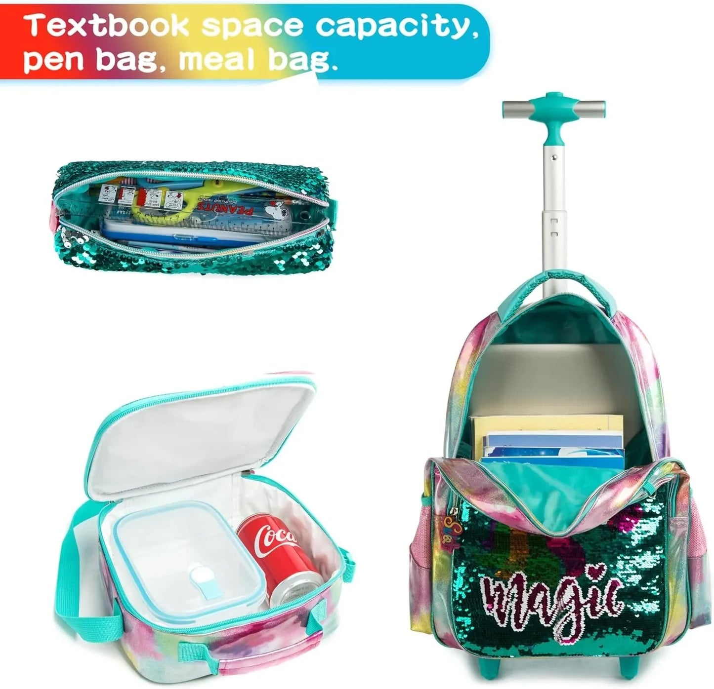 16 Inch School Backpack for Girls Children's Wheeled Backpack Sequin Bag with Lunch Box Pencil Cases for Elementary Students