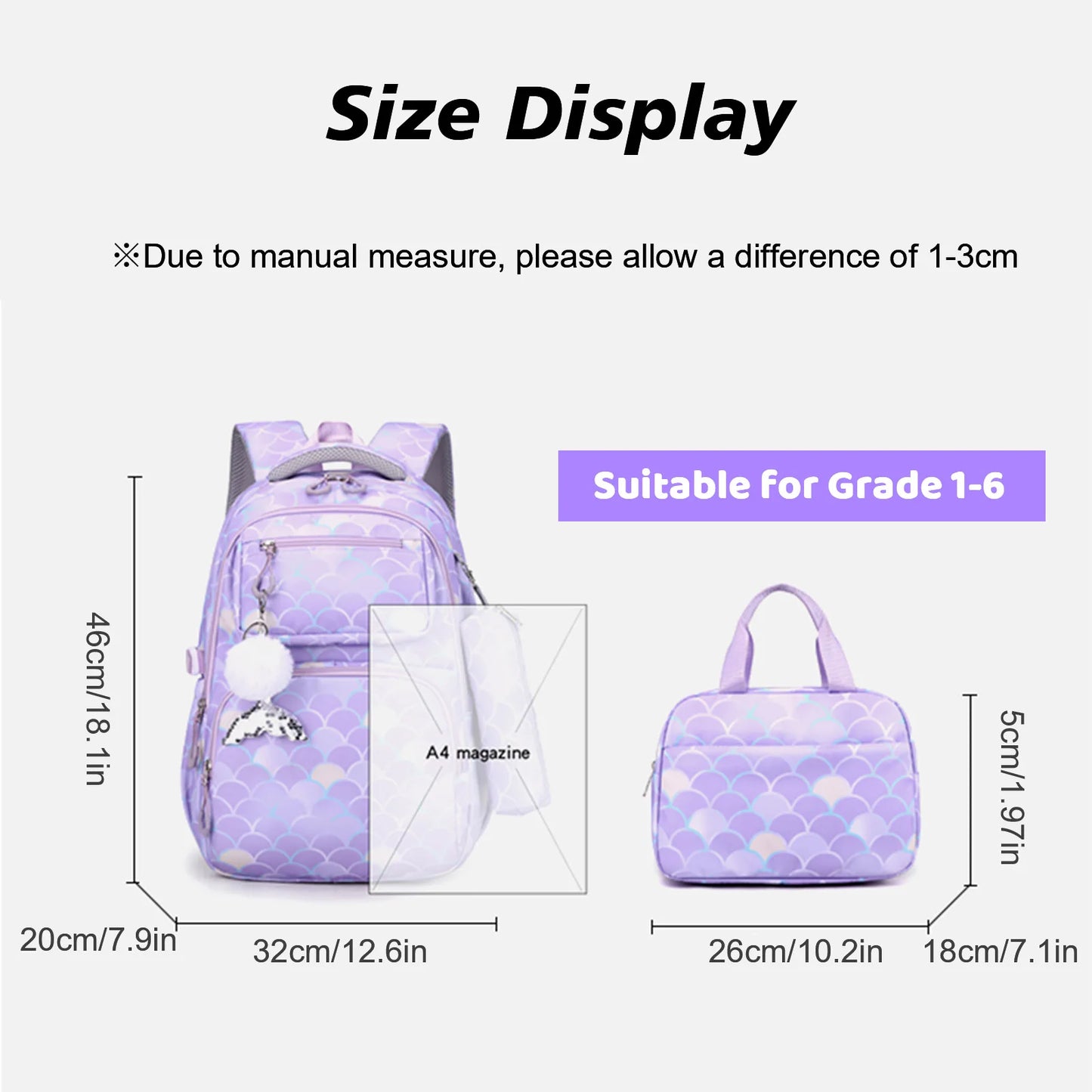 3pcs/Set Kid Backpack With Mermaid pendant Girl waterproof School Bag Children Schoolbag For teenage girls Fish Scale Print