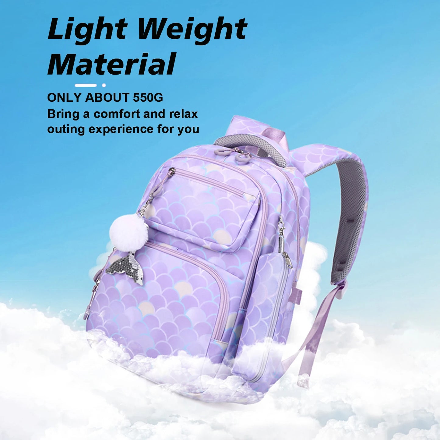 3pcs/Set Kid Backpack With Mermaid pendant Girl waterproof School Bag Children Schoolbag For teenage girls Fish Scale Print