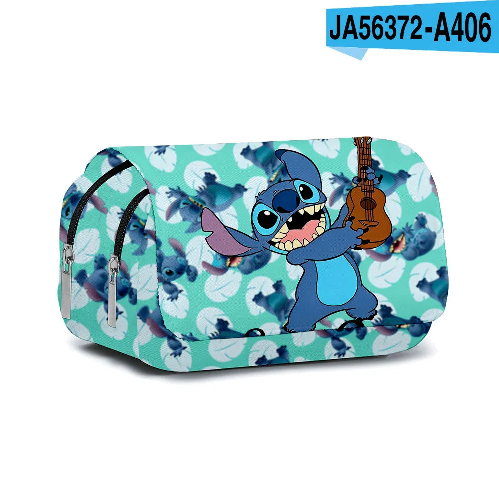 BANDAI Stitch Fully Printed Flap Pen Bag Stationery Box Cartoon Large Capacity Pencil Case Cute Anime Bags Student School Bag