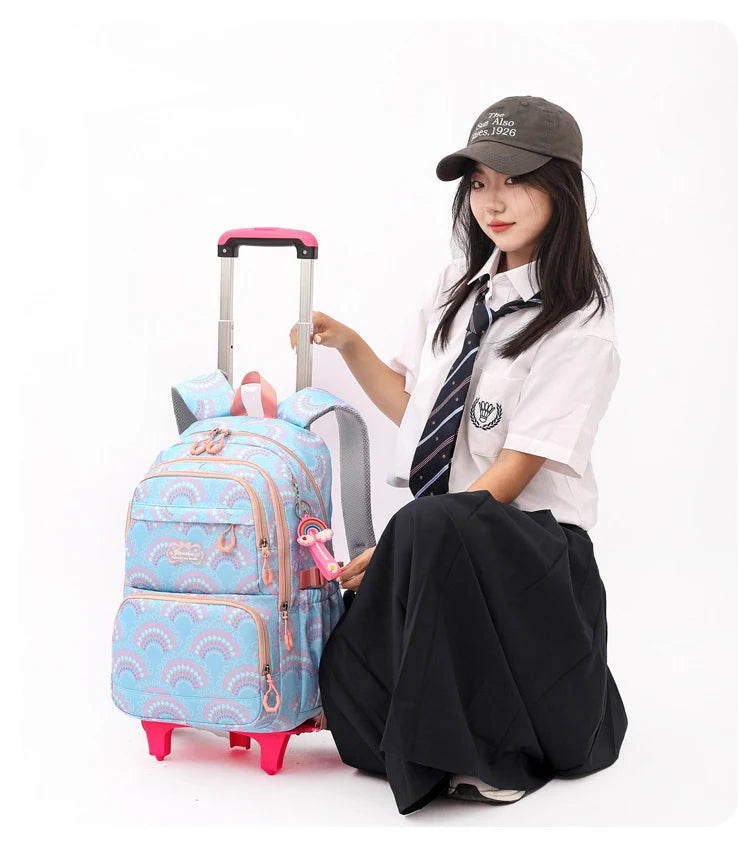 Rolling School Bags for Girls Backpack Children Waterproof School Backpacks with Wheels Middle School Trolley Luggage Back Pack