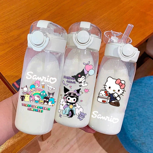 400-600ML MINISO Sanrio Kuromi Melody Straw Plastic Water Bottle Large Capacity Portable Transparent Kids Drinking Water Cup