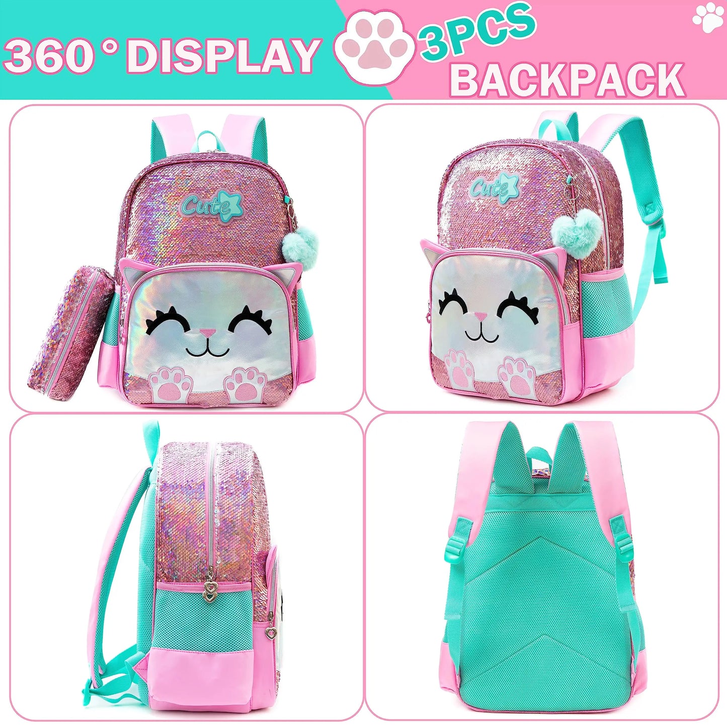 3PCS Cute Backpack for Girls Pink Cat School Backpacks Kids Sequin Bookbag for Elementary Kindergarten Students with Lunch bag ﻿