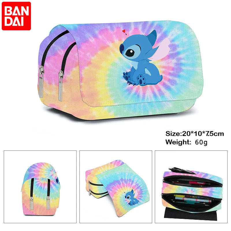 BANDAI Stitch Fully Printed Flap Pen Bag Stationery Box Cartoon Large Capacity Pencil Case Cute Anime Bags Student School Bag