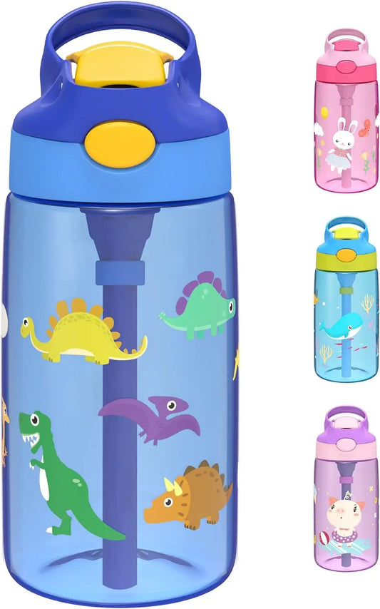 Kids Water Bottle with Straw & Handle - 16 oz BPA Free Kids Water Bottles, Spill Proof, Easy-Clean, Dishwasher Safe - Cute Dino