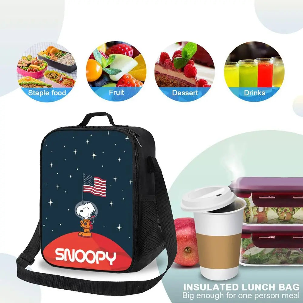 Custom Cartoon Snoopy Astronaut Lunch Bag Women Warm Cooler Insulated Lunch Box for Student School