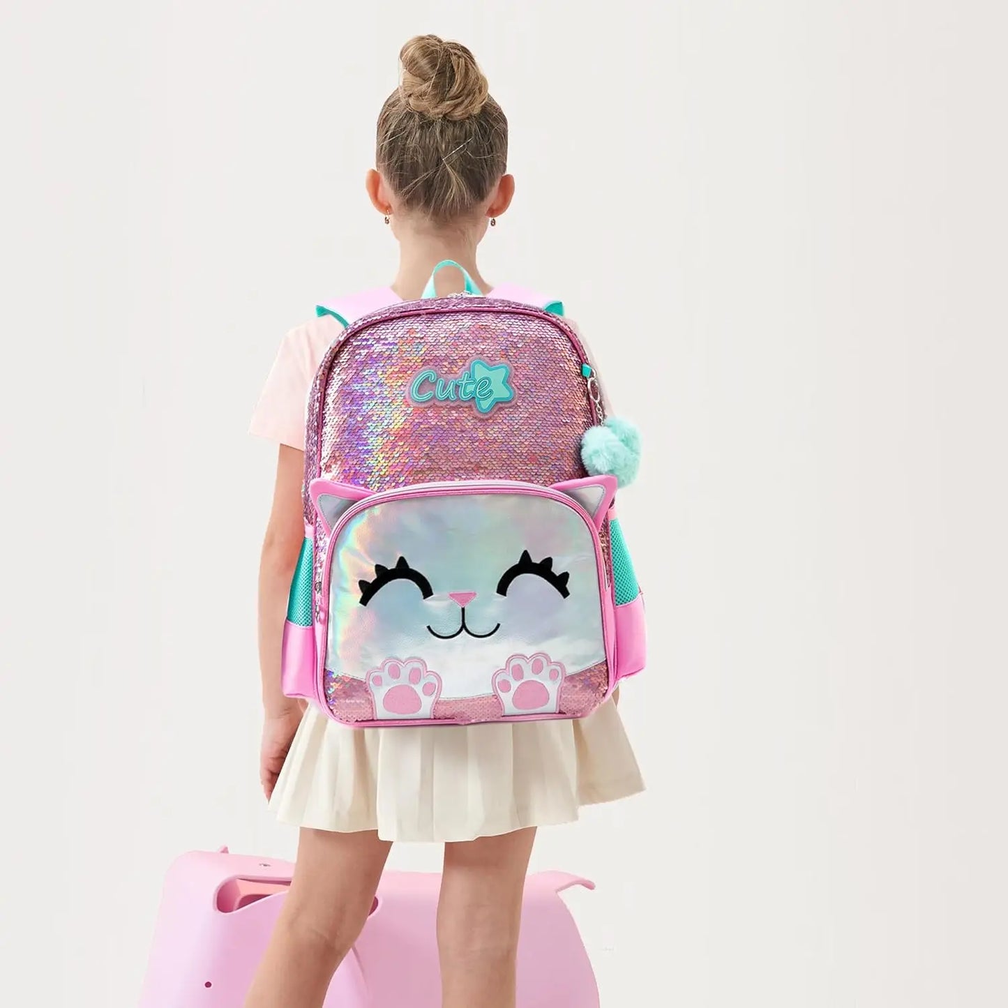 3PCS Cute Backpack for Girls Pink Cat School Backpacks Kids Sequin Bookbag for Elementary Kindergarten Students with Lunch bag ﻿