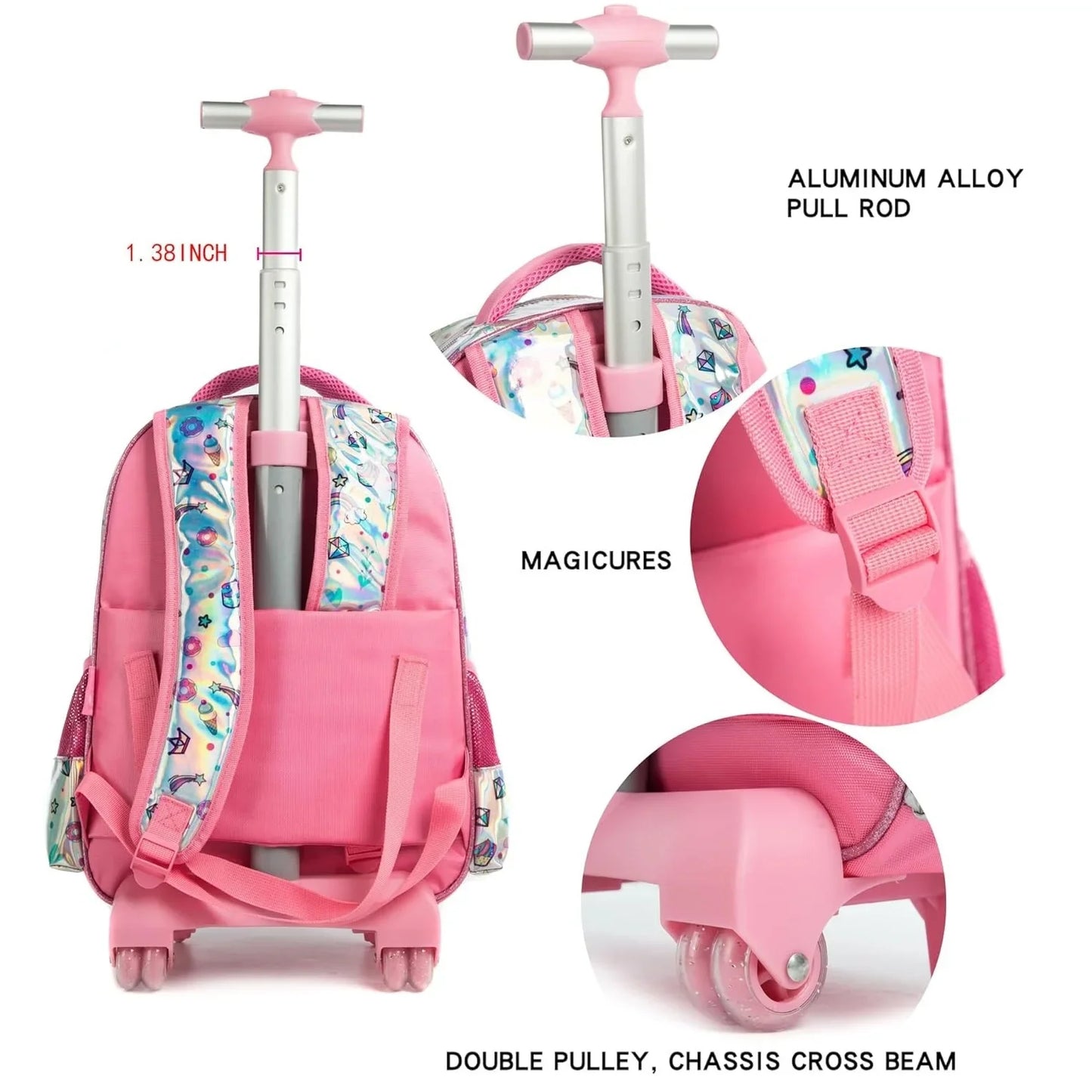 16 Inch School Backpack for Girls Children's Wheeled Backpack Sequin Bag with Lunch Box Pencil Cases for Elementary Students