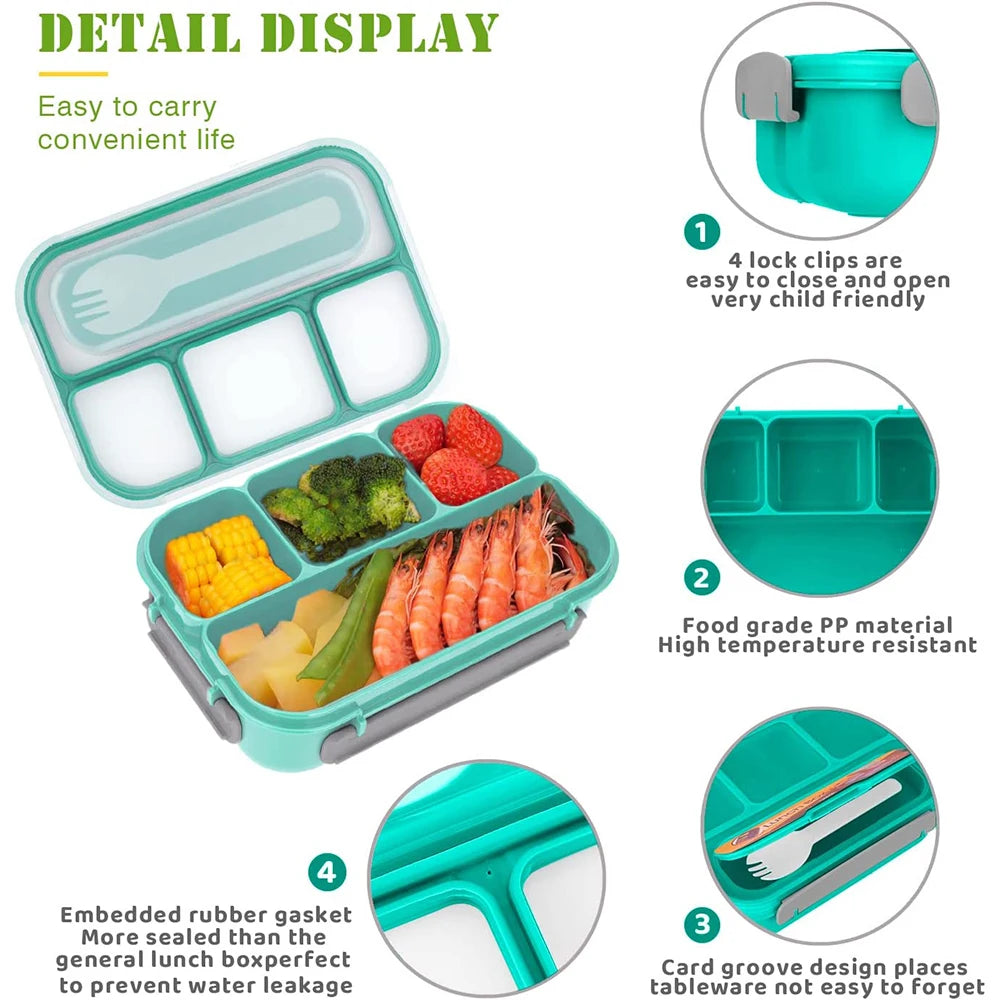 Bento Box Lunch Box Adult LunchBox Containers For Toddler Kids Adults 1300ml 4 Compartments Fork Leak-Proof Microwave Dishwasher