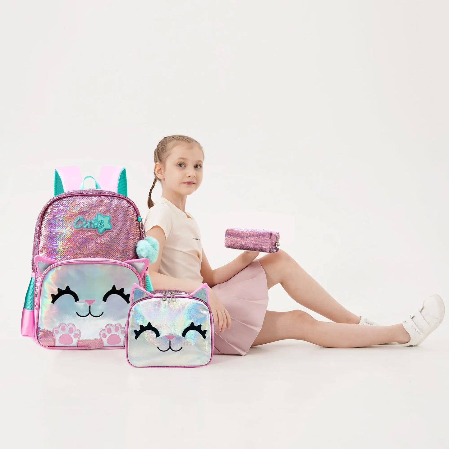 3PCS Cute Backpack for Girls Pink Cat School Backpacks Kids Sequin Bookbag for Elementary Kindergarten Students with Lunch bag ﻿