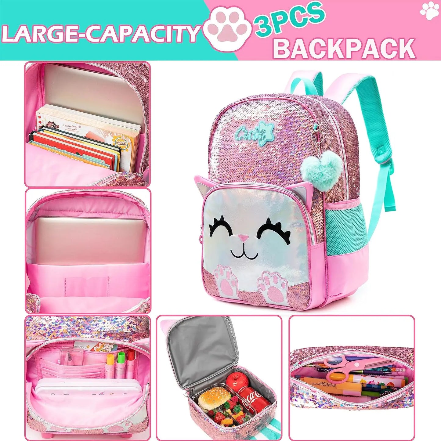 3PCS Cute Backpack for Girls Pink Cat School Backpacks Kids Sequin Bookbag for Elementary Kindergarten Students with Lunch bag ﻿