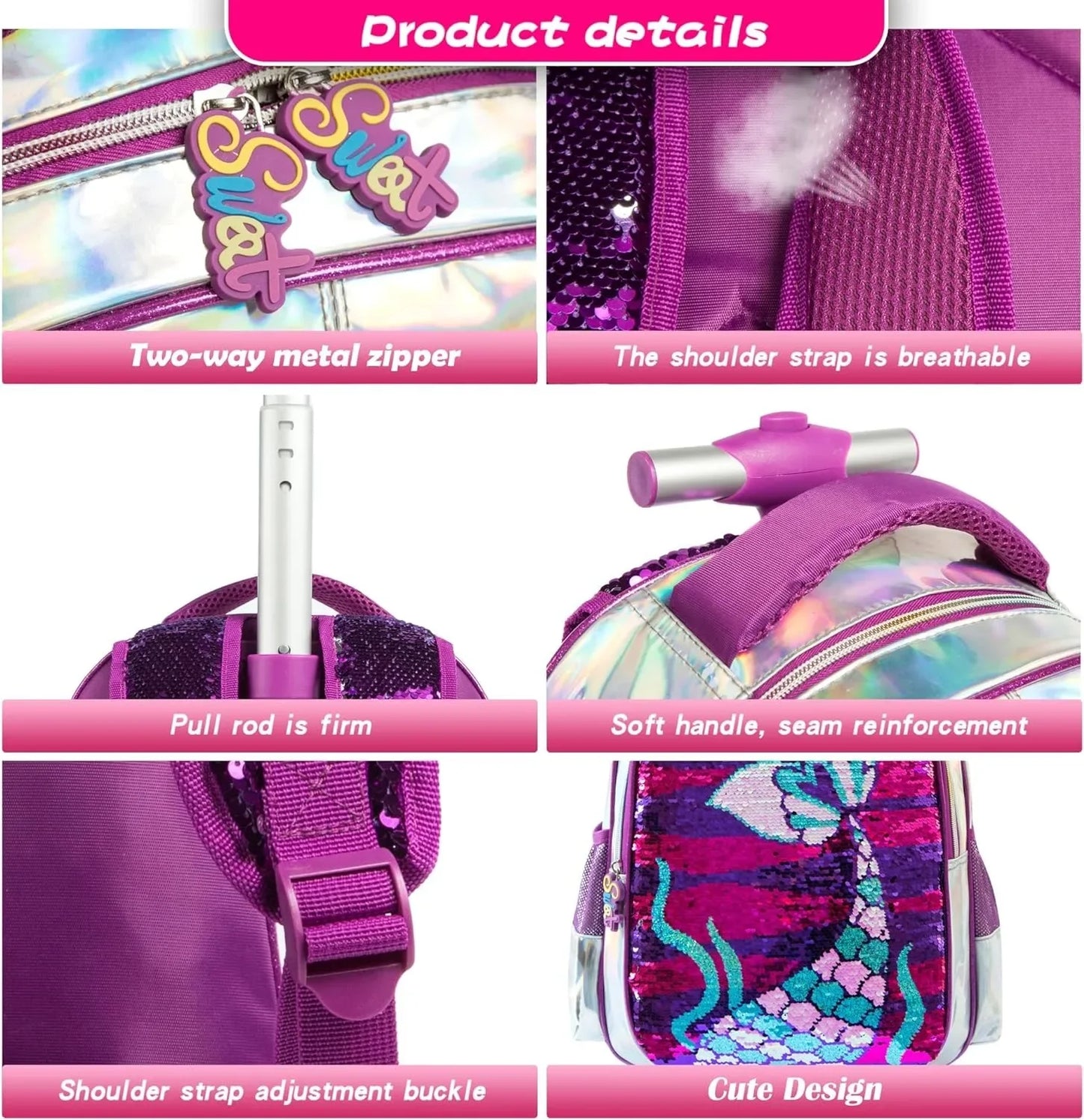 16 Inch School Backpack for Girls Children's Wheeled Backpack Sequin Bag with Lunch Box Pencil Cases for Elementary Students