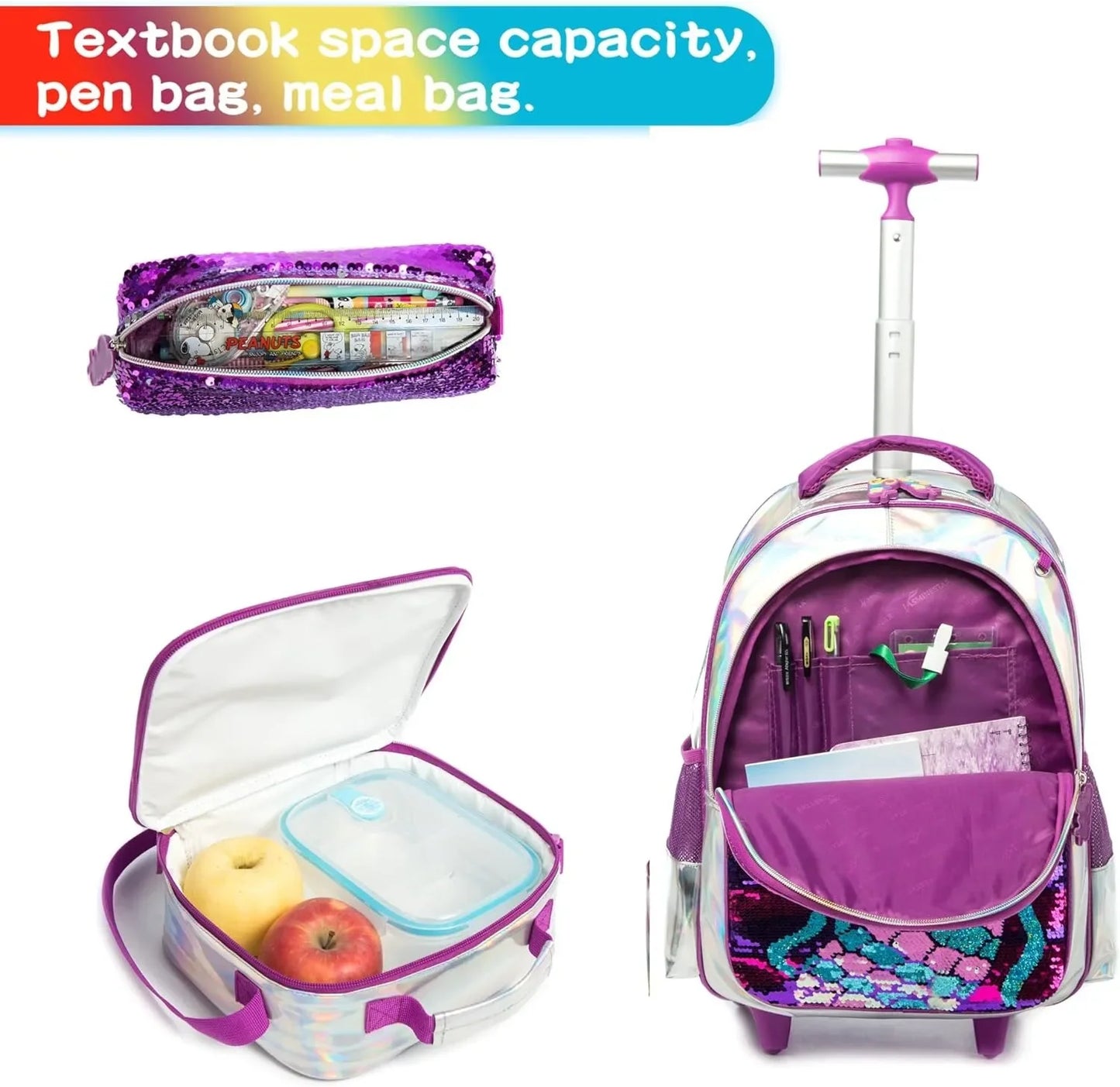 16 Inch School Backpack for Girls Children's Wheeled Backpack Sequin Bag with Lunch Box Pencil Cases for Elementary Students