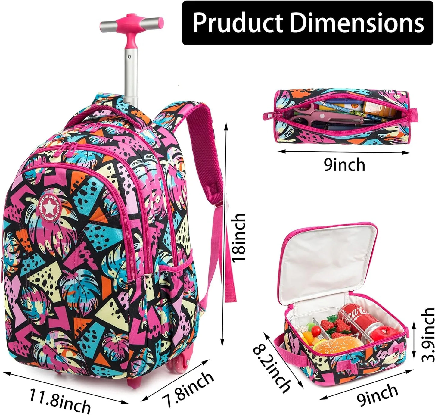 Girls School Backpack Child Wheeled Bag Set for Boys Roller Bag Rolling Luggage School Trolley Backpack with Lunch Bag Insulated