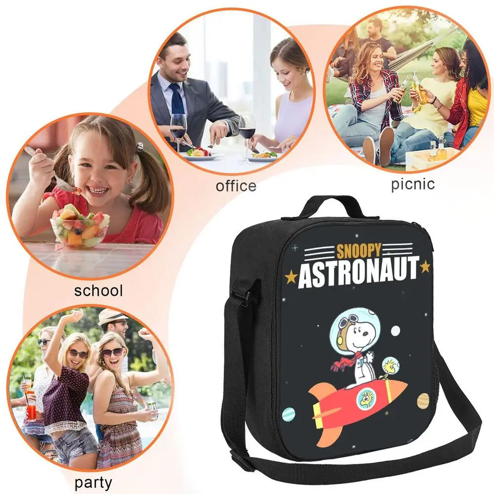 Custom Cartoon Snoopy Astronaut Lunch Bag Women Warm Cooler Insulated Lunch Box for Student School