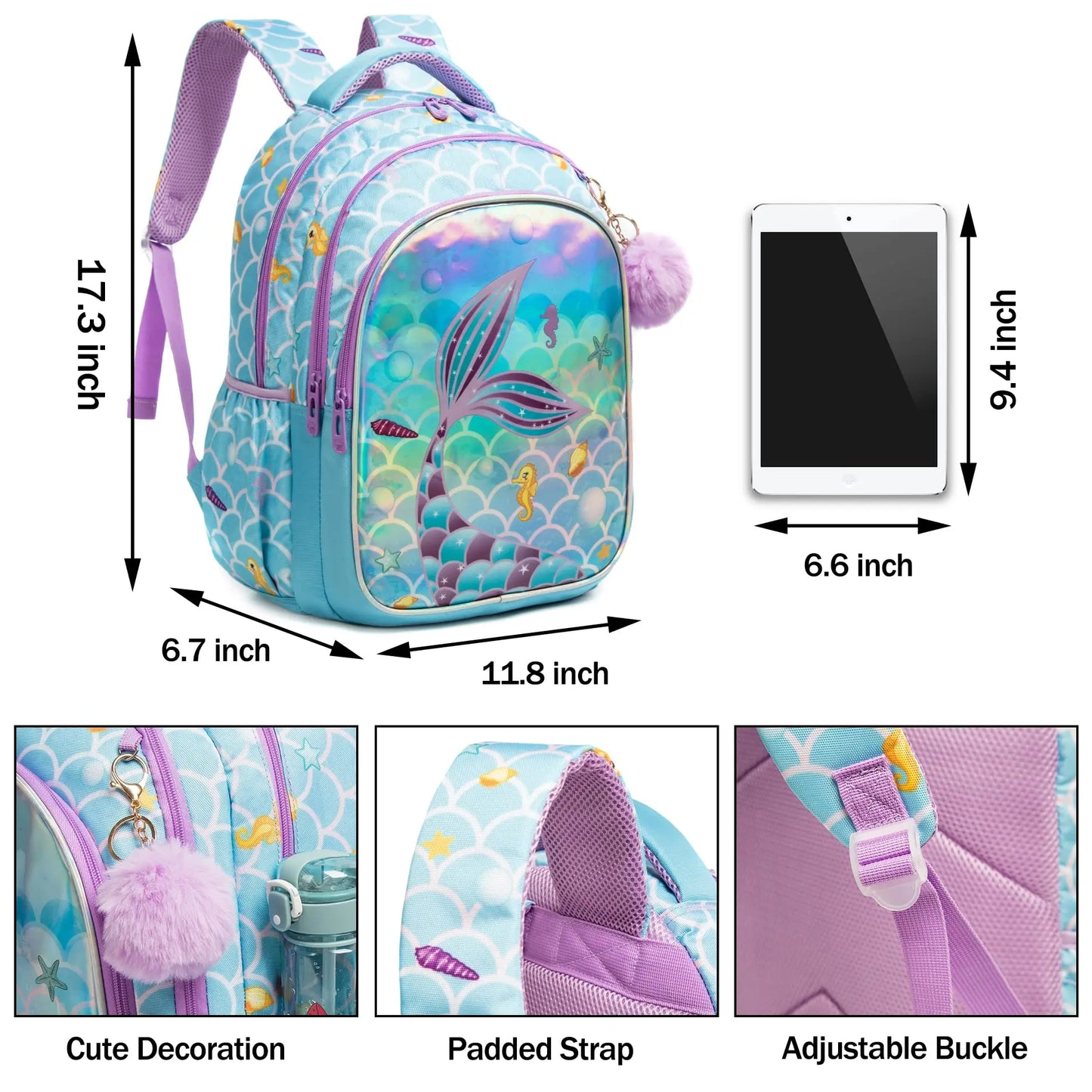 BIkab 3-piece Set School Bags for Girls  Backpack Kids  Kawaii Schoolbag Mermaid Design Backpack for Kids