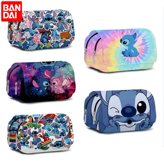 BANDAI Stitch Fully Printed Flap Pen Bag Stationery Box Cartoon Large Capacity Pencil Case Cute Anime Bags Student School Bag