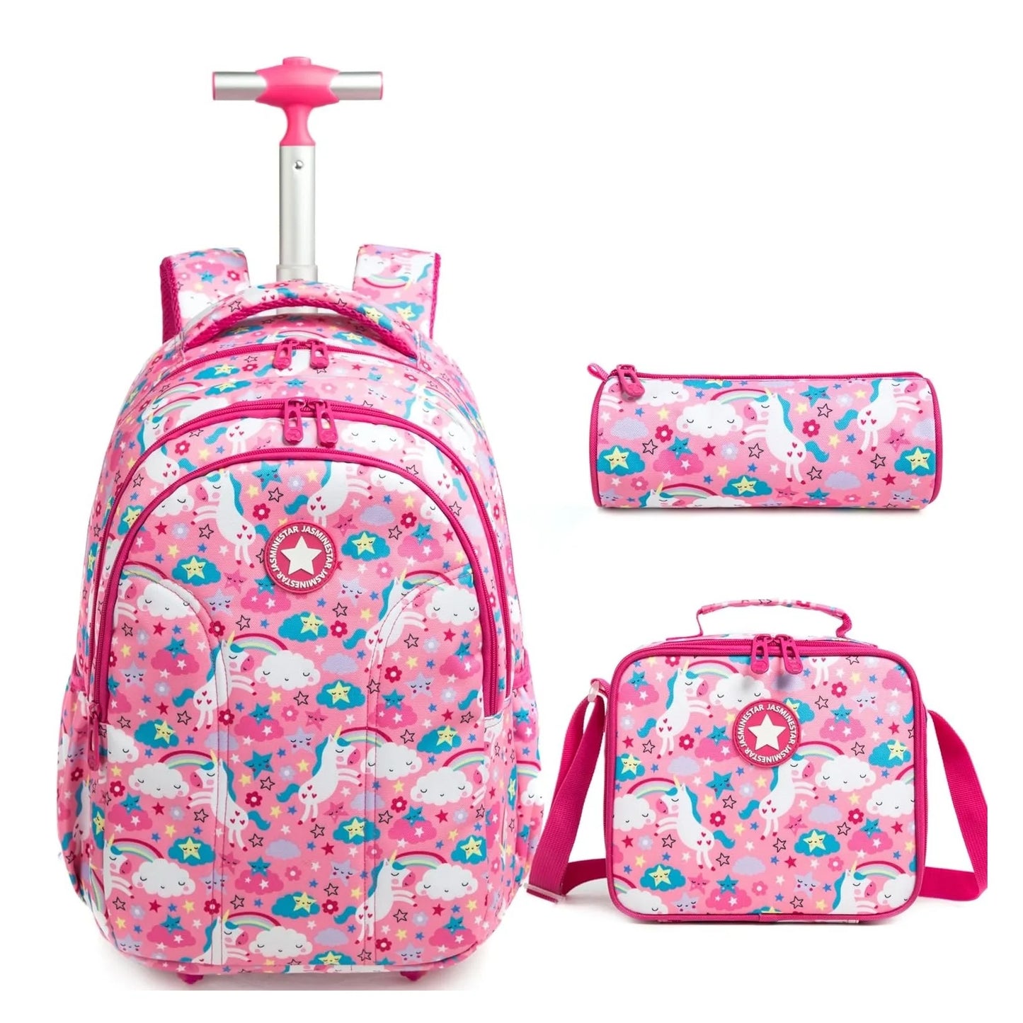 Girls School Backpack Child Wheeled Bag Set for Boys Roller Bag Rolling Luggage School Trolley Backpack with Lunch Bag Insulated