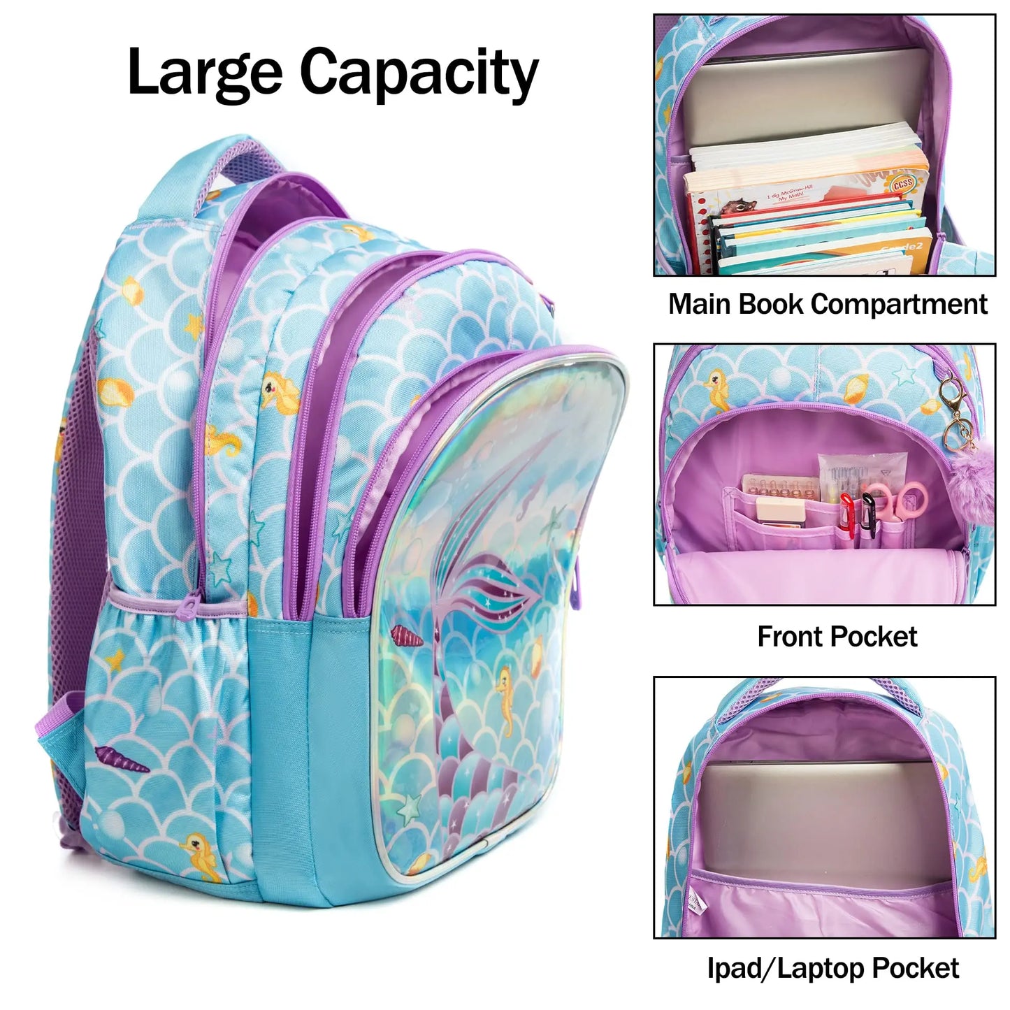 BIkab 3-piece Set School Bags for Girls  Backpack Kids  Kawaii Schoolbag Mermaid Design Backpack for Kids